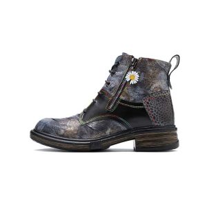 Autumn Handmade Retro Printed Leather Ankle Boots