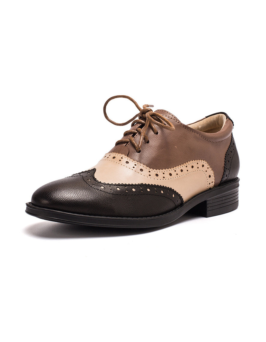 Real Leather Three Tone Lace-up Brogue Oxford Shoes Women - Image 14