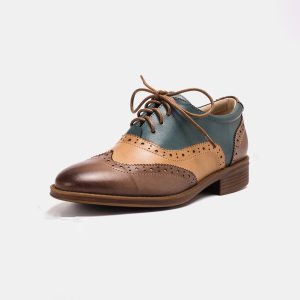 Real Leather Three Tone Lace-up Brogue Oxford Shoes Women