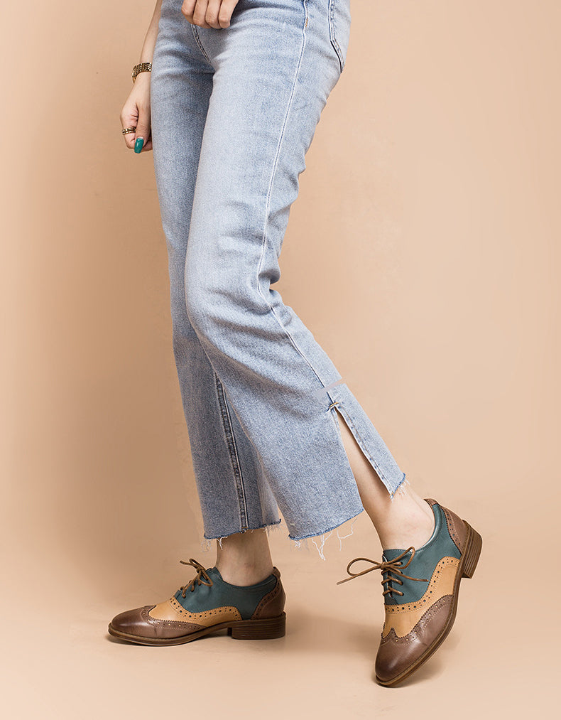Real Leather Three Tone Lace-up Brogue Oxford Shoes Women - Image 6