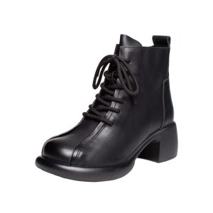 Cowhide Round Toe Comfortable Chunky Boots