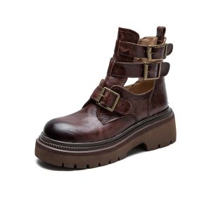 Real Leather Buckles Design Cut-out Martin Boots Sandals