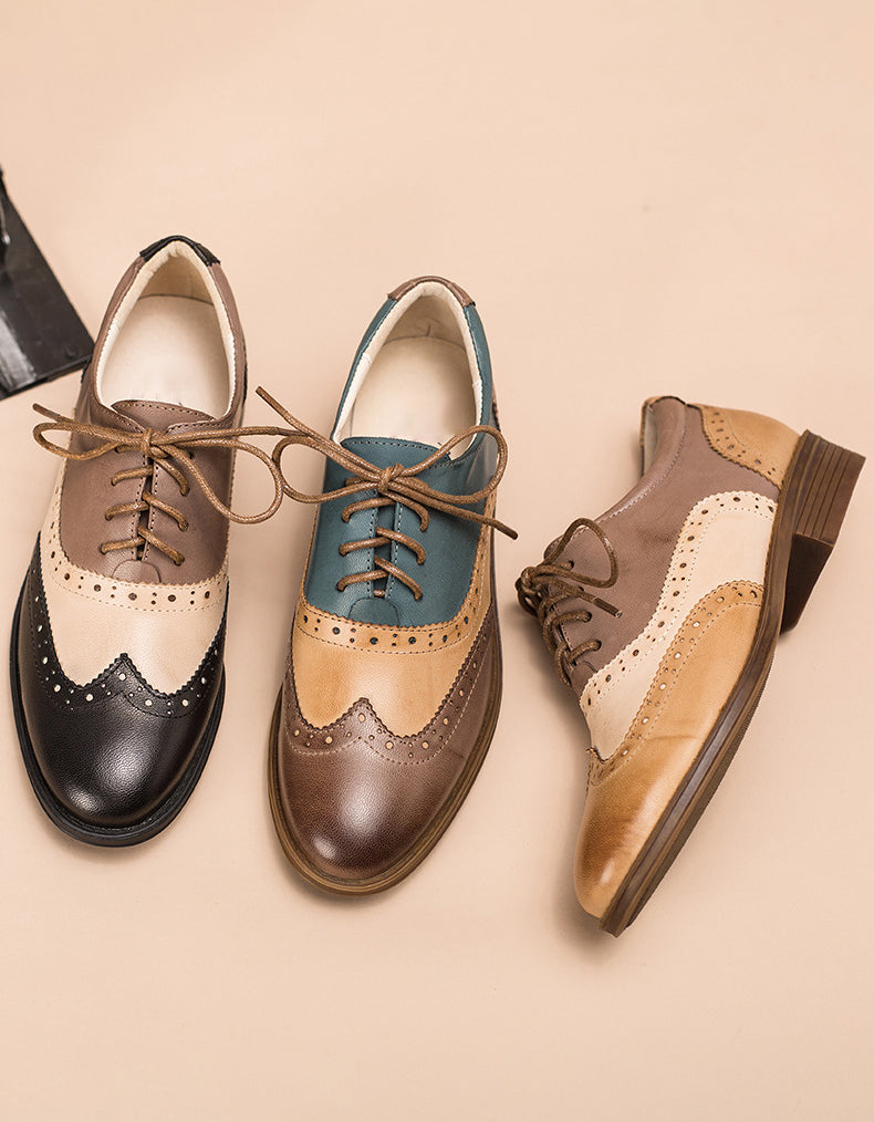Real Leather Three Tone Lace-up Brogue Oxford Shoes Women - Image 10