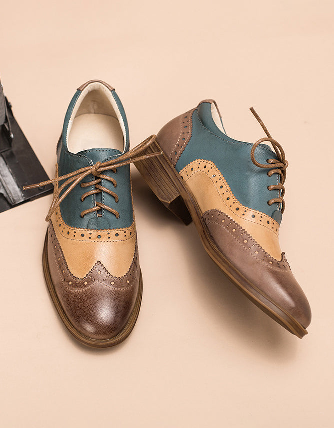 Real Leather Three Tone Lace-up Brogue Oxford Shoes Women - Image 9
