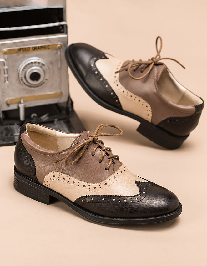 Real Leather Three Tone Lace-up Brogue Oxford Shoes Women - Image 8