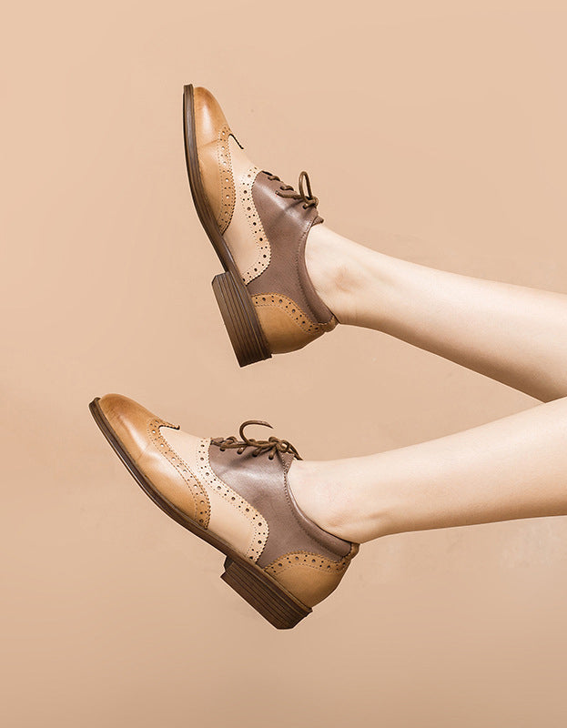 Real Leather Three Tone Lace-up Brogue Oxford Shoes Women - Image 5